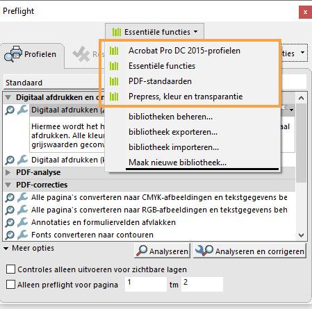 Het dialoogvenster Preflight wordt weergegeven. Alle standaardbibliotheken zijn gemarkeerd. 