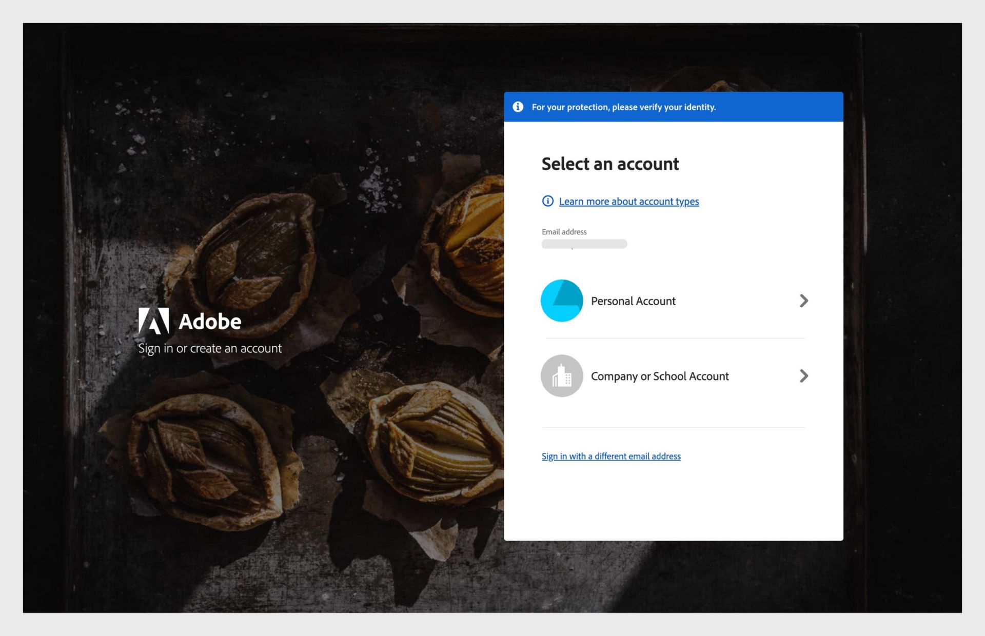 Adobe sign-in interface prompting users to choose between a personal or company/school account.