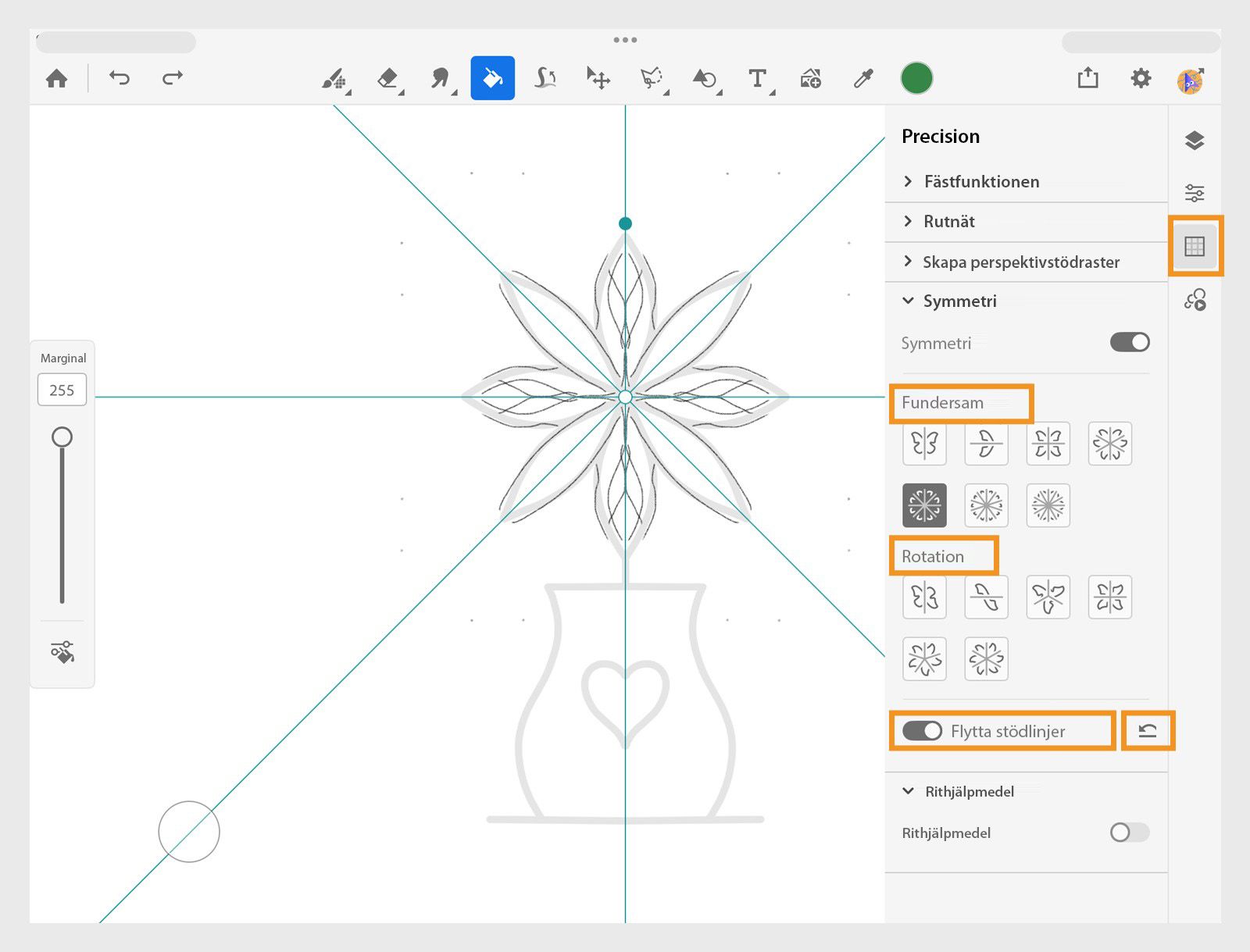 Symmetriinställningar öppnas med reflektiva och rotationsguides primär, vilket visar speglande kronbladsformer arrangerade runt en central axel.