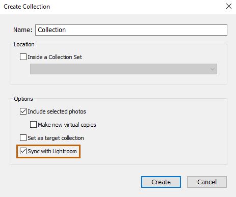 Opción de sincronización con Lightroom en el cuadro de diálogo Crear colección