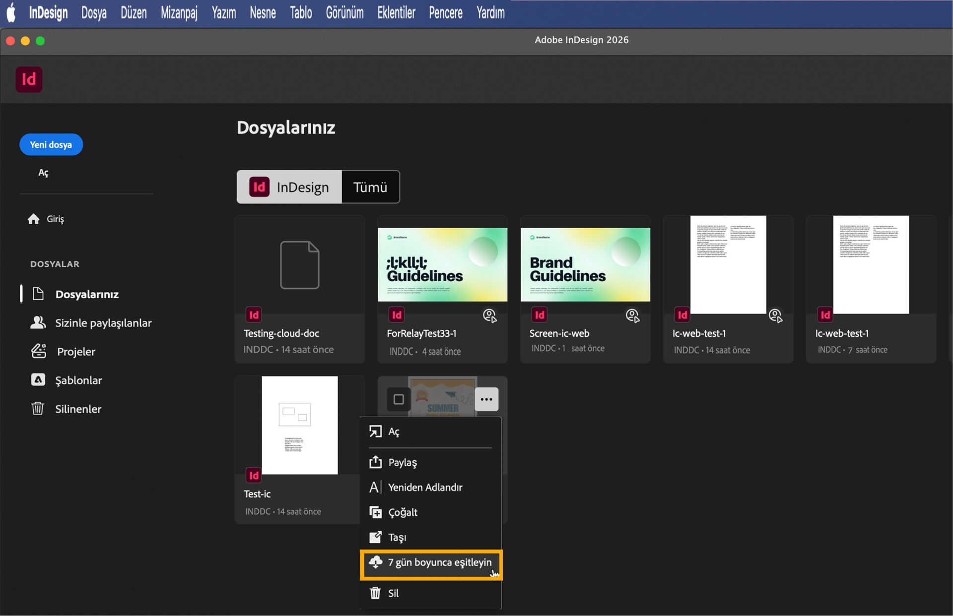 Dosyalarınız sekmesi ve &quot;Her zaman çevrimdışı kullanılabilir yap&quot; düğmesinin vurgulandığı InDesign ana ekranının görüntüsü.