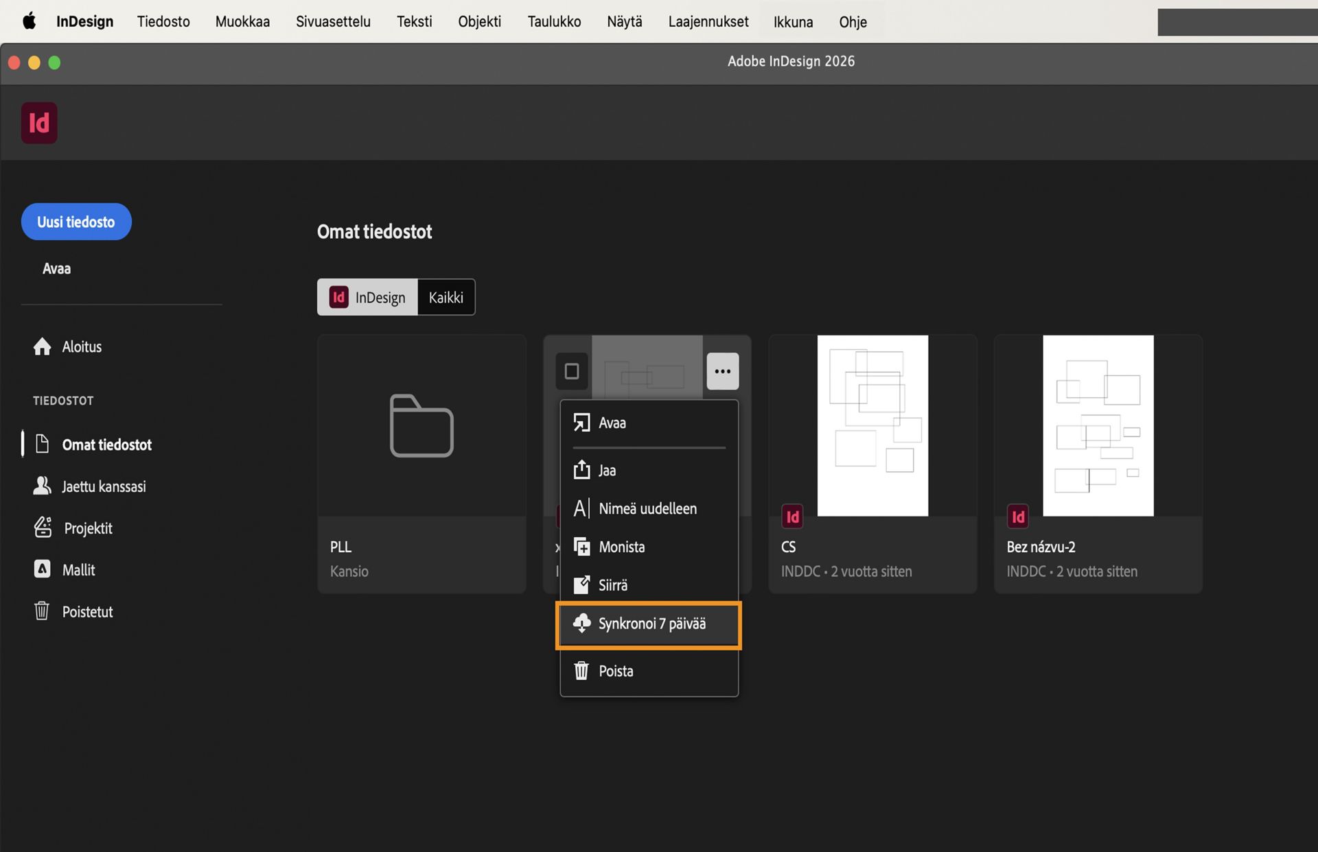 Näyttökuva InDesignin aloitusnäytöstä, jossa on korostettu Omat tiedostot -välilehti ja Salli offline-käyttö aina -painike.