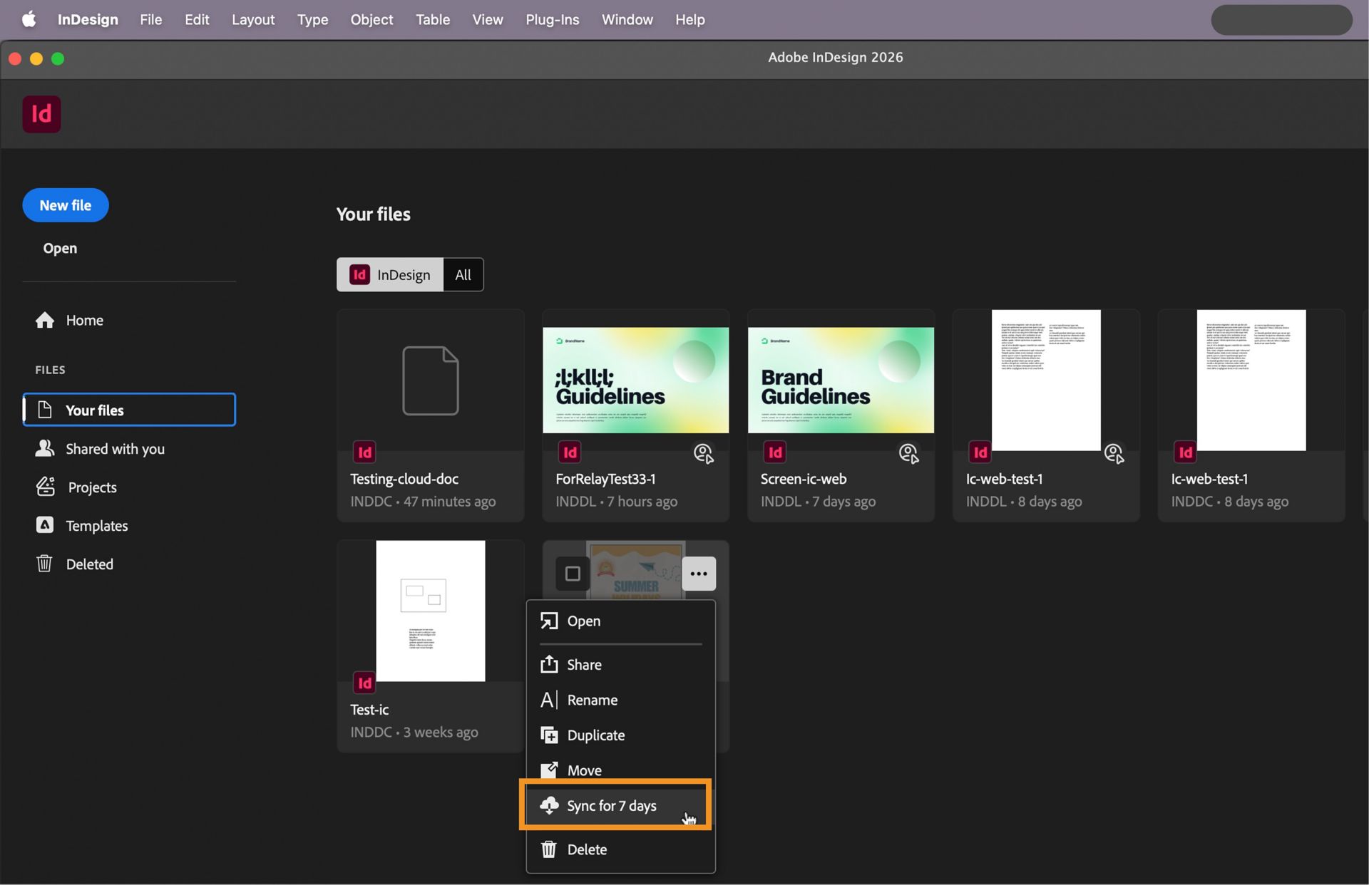 لقطة شاشة لشاشة InDesign الرئيسية مع تمييز علامة التبويب Your files وزر Make available offline always.