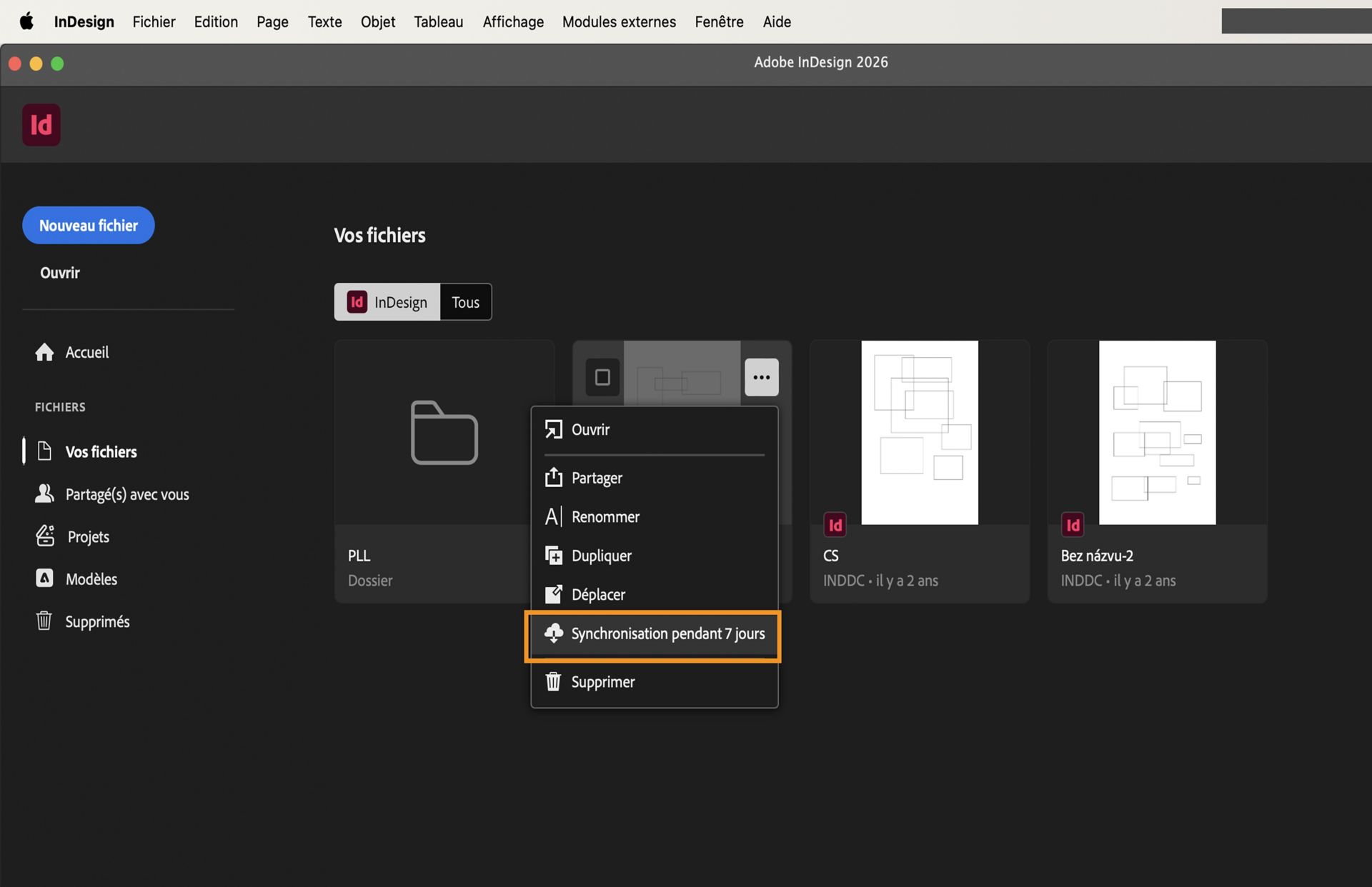 Copie d’écran de l’écran d’accueil d’InDesign avec l’onglet Vos fichiers et le bouton Rendre toujours disponible hors ligne mis en surbrillance.