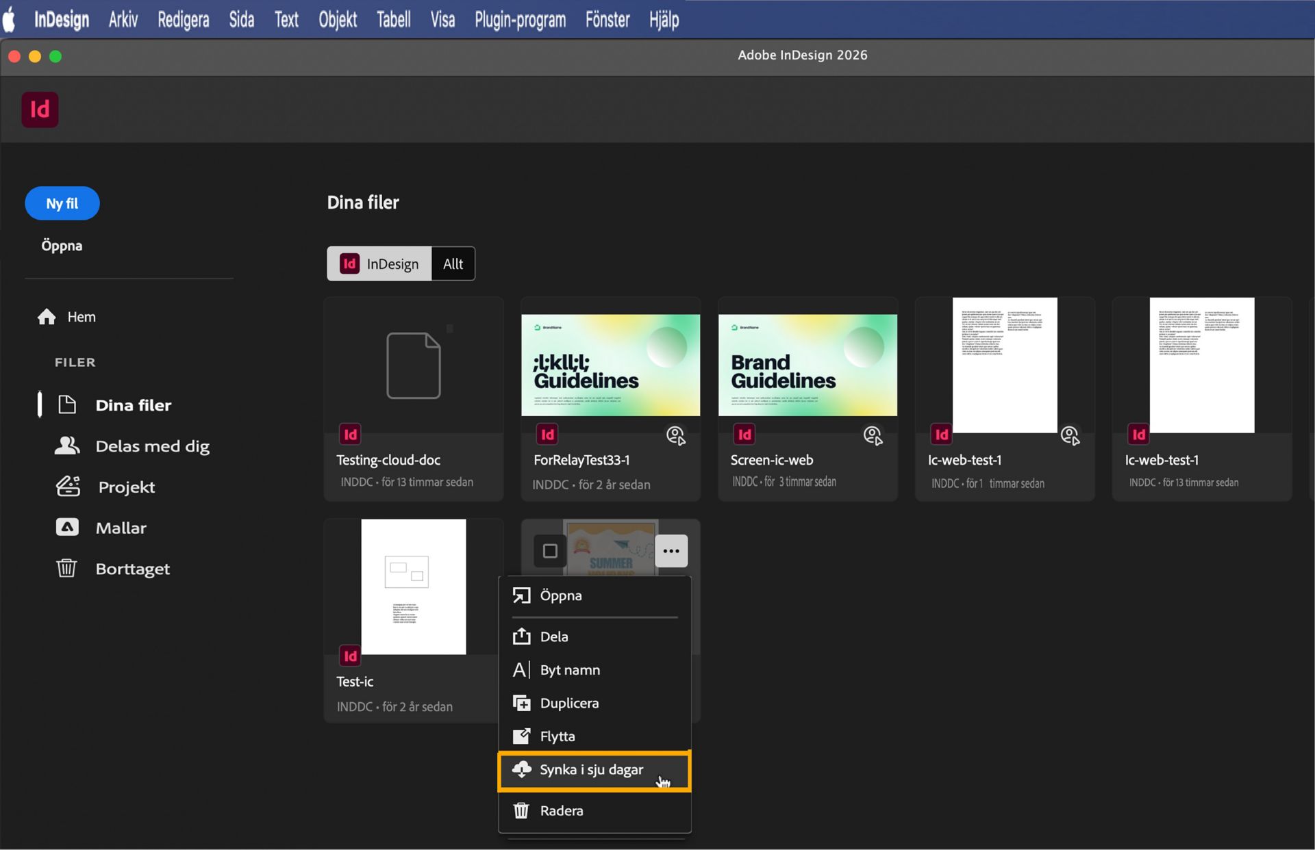 Skärmdump av startskärmen i InDesign där fliken Dina filer och knappen Gör alltid tillgängligt offline är markerade.
