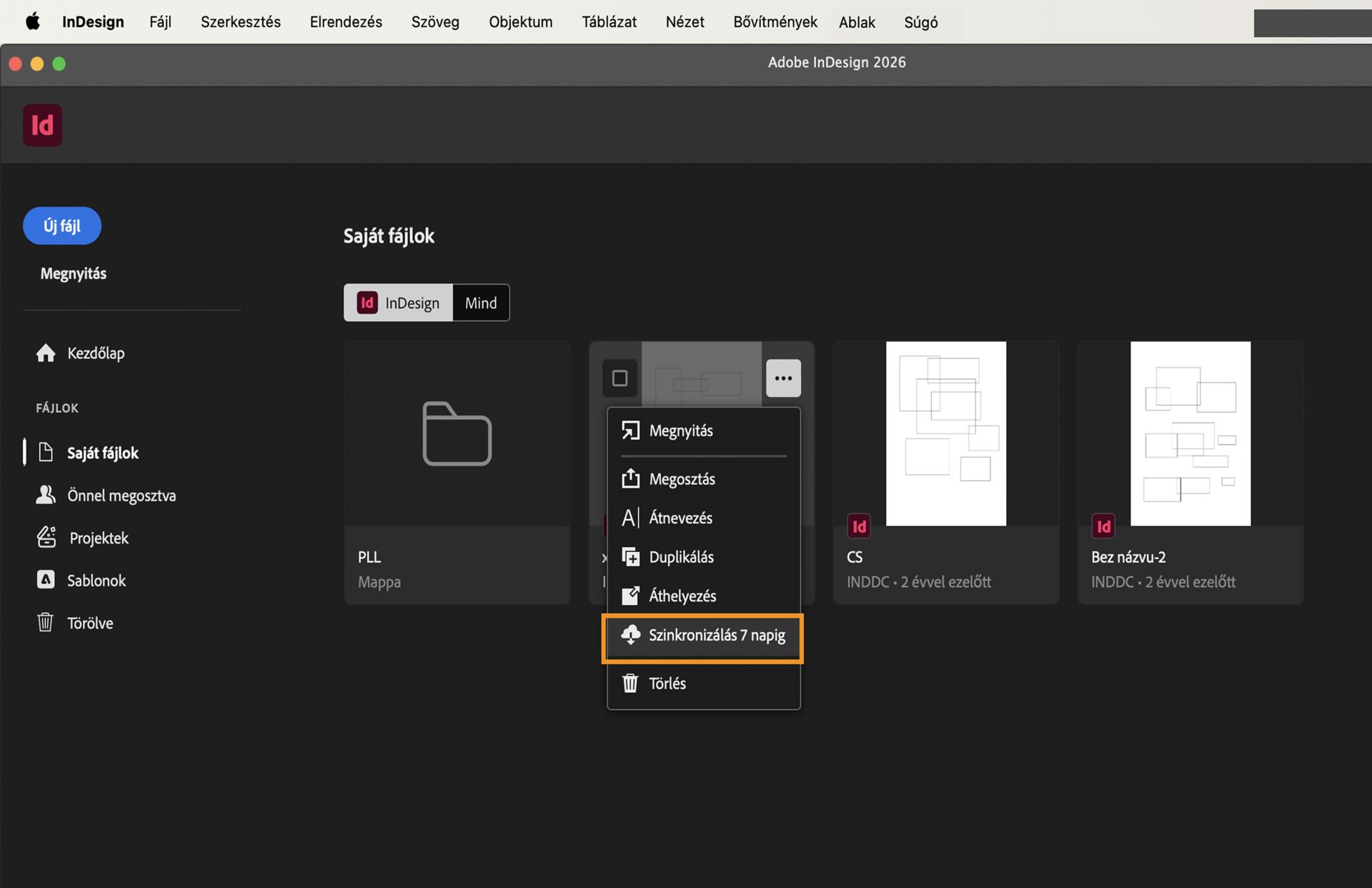 Képernyőkép az InDesign kezdőképernyőjéről, a Saját fájlok lap és a Offline állapotban elérhetővé tétel mindig gomb kiemelésével.