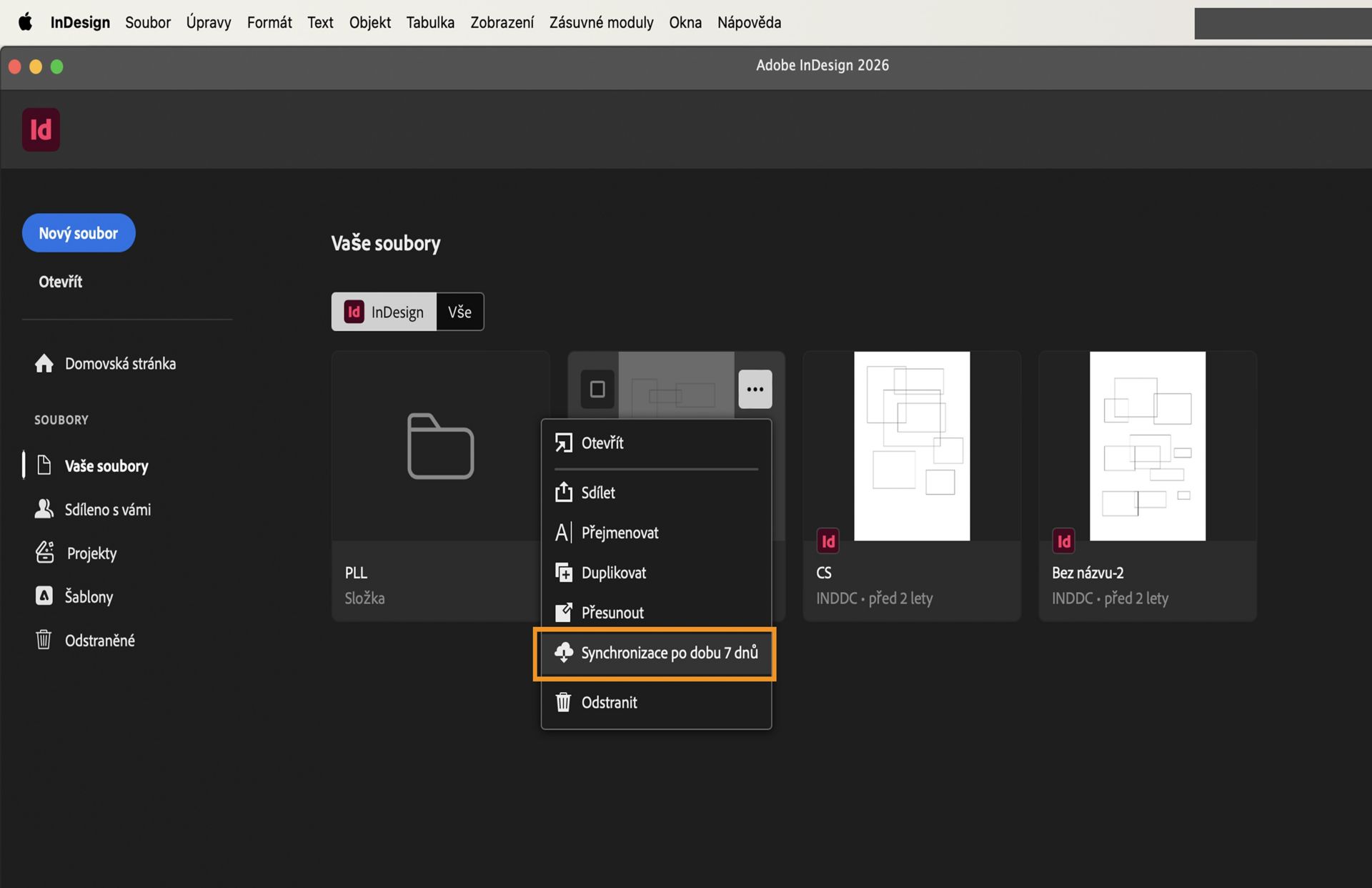 Snímek domovské obrazovky aplikace InDesign se zvýrazněnou kartou Vaše soubory a tlačítkem Zpřístupnit offline vždy.