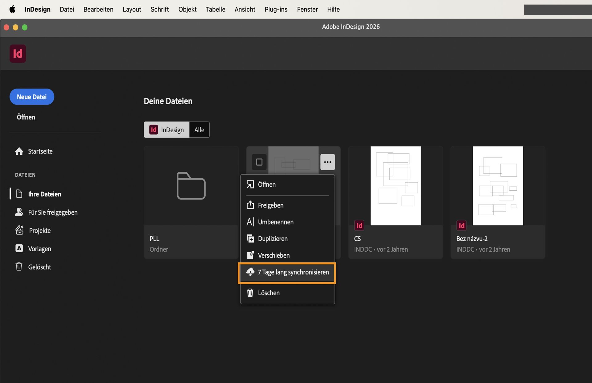 Screenshot der InDesign-Startseite mit Hervorhebung der Registerkarte „Deine Dateien“ und der Schaltfläche „Immer offline zur Verfügung stellen“.