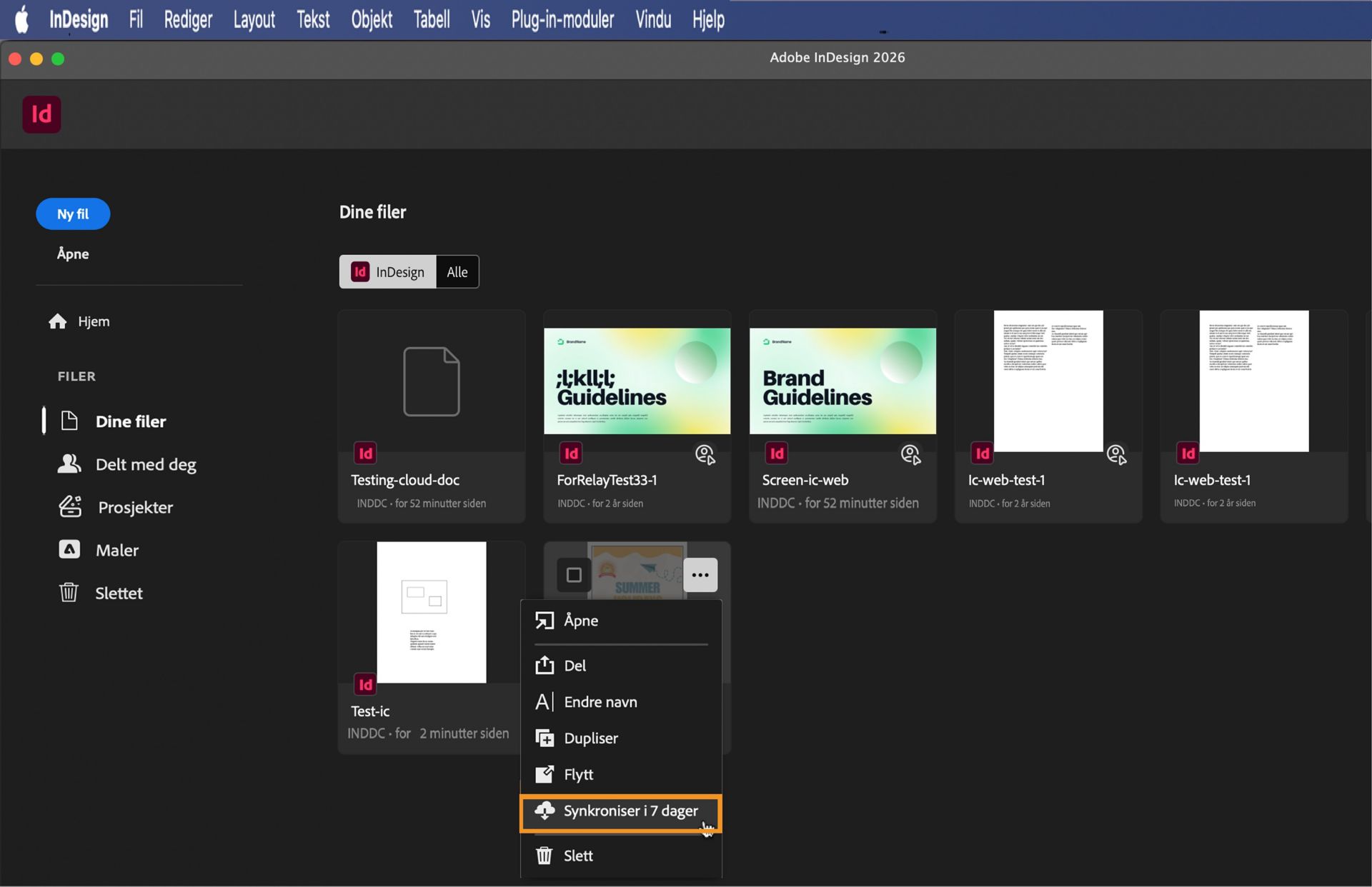 Skjermbilde av InDesign-startsiden der &quot;Dine filer&quot;-fanen og knappen &quot;Gjør alltid tilgjengelig i frakoblet modus&quot; er uthevet.