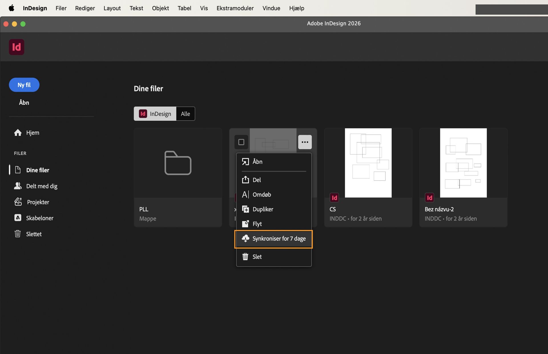 Skærmbillede af InDesign-startskærmen med fremhævelser for fanen Dine filer og knappen Gør tilgængelig offline.