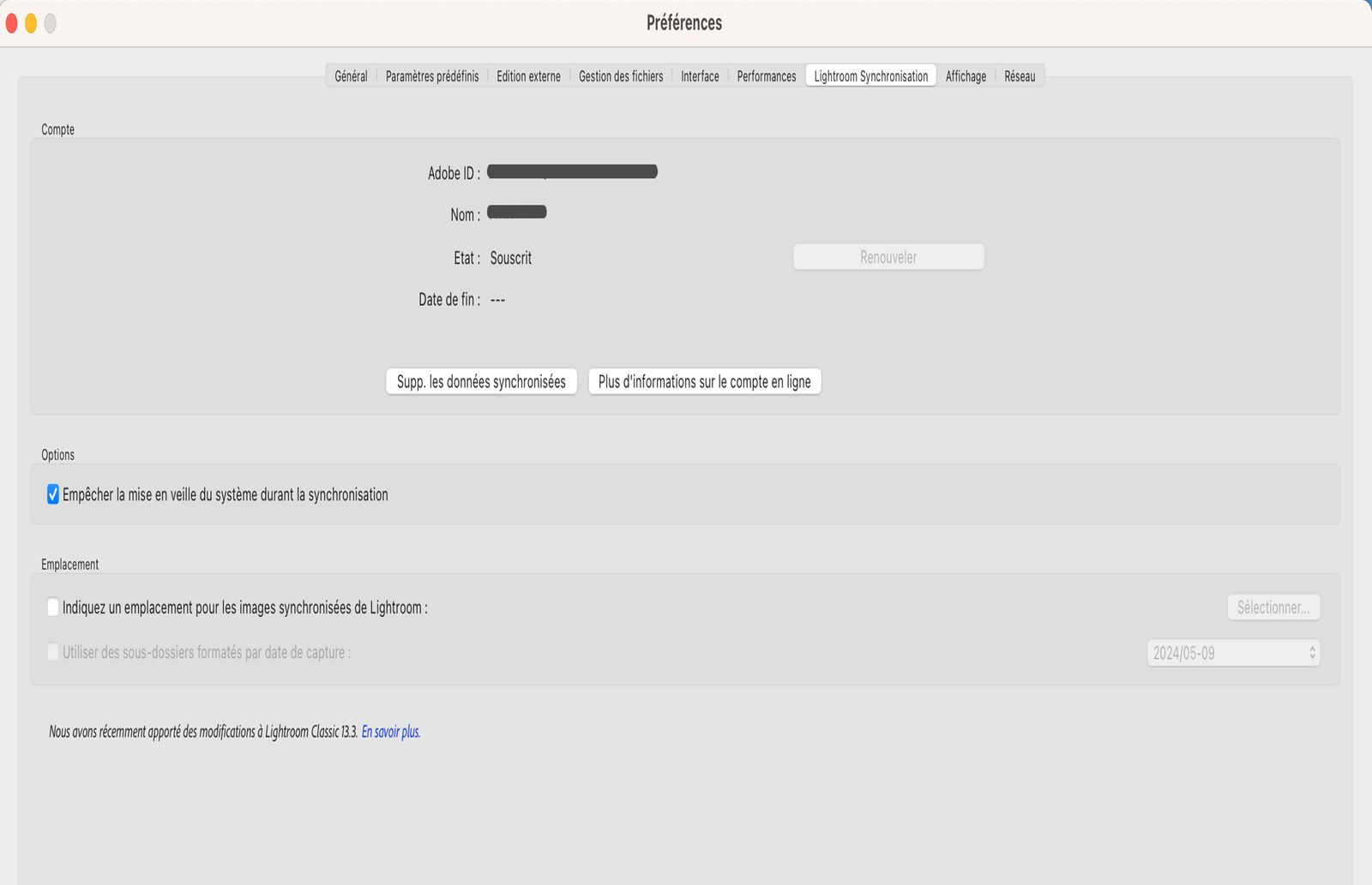 Préférences de synchronisation de Lightroom