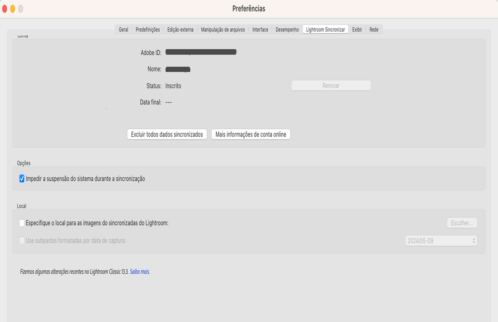 Preferências de sincronização do Lightroom