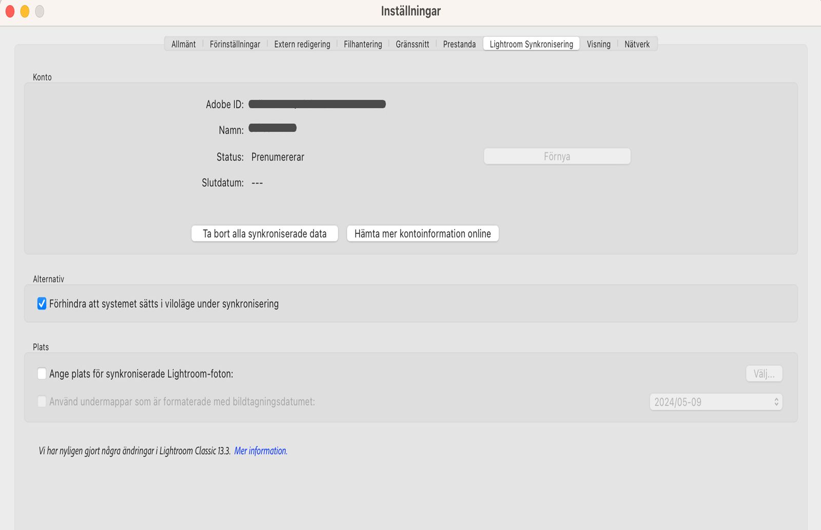Inställningar för Lightroom-synkronisering