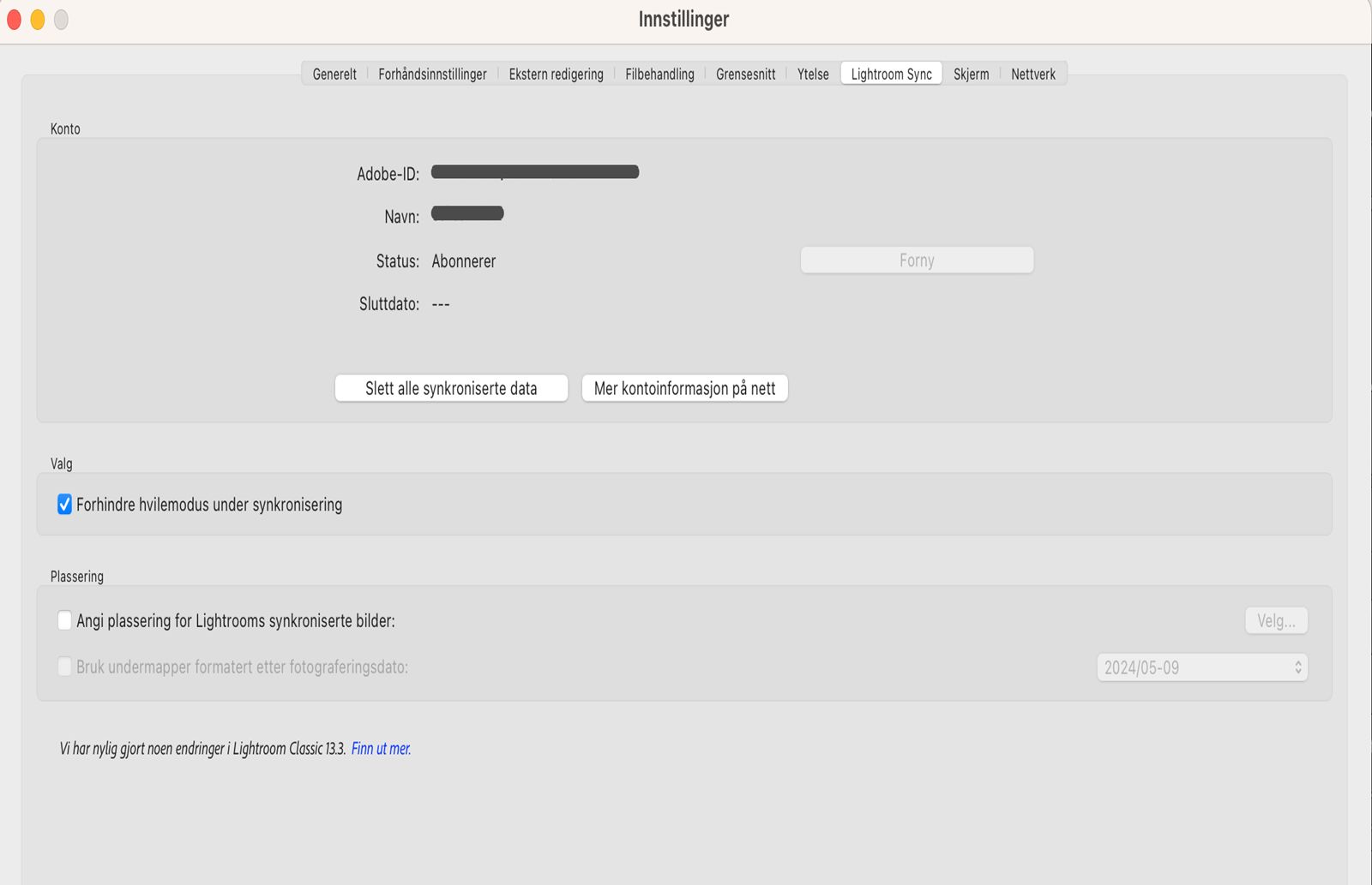 Innstillinger for Lightroom-synkronisering