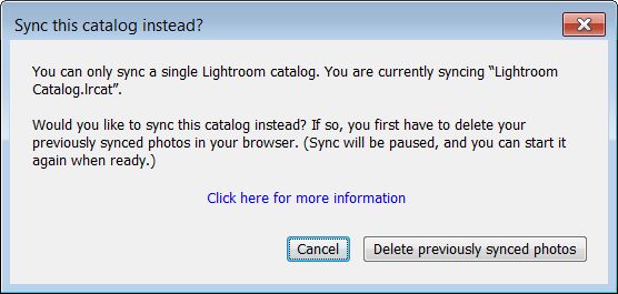 La finestra di dialogo di eliminazione del catalogo precedentemente sincronizzato reindirizza l'utente a Lightroom sul Web 