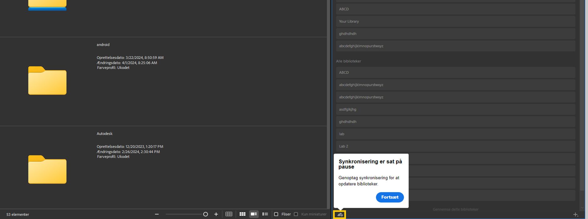 Bibliotekssynkronisering er sat på pause i Adobe Bridge.