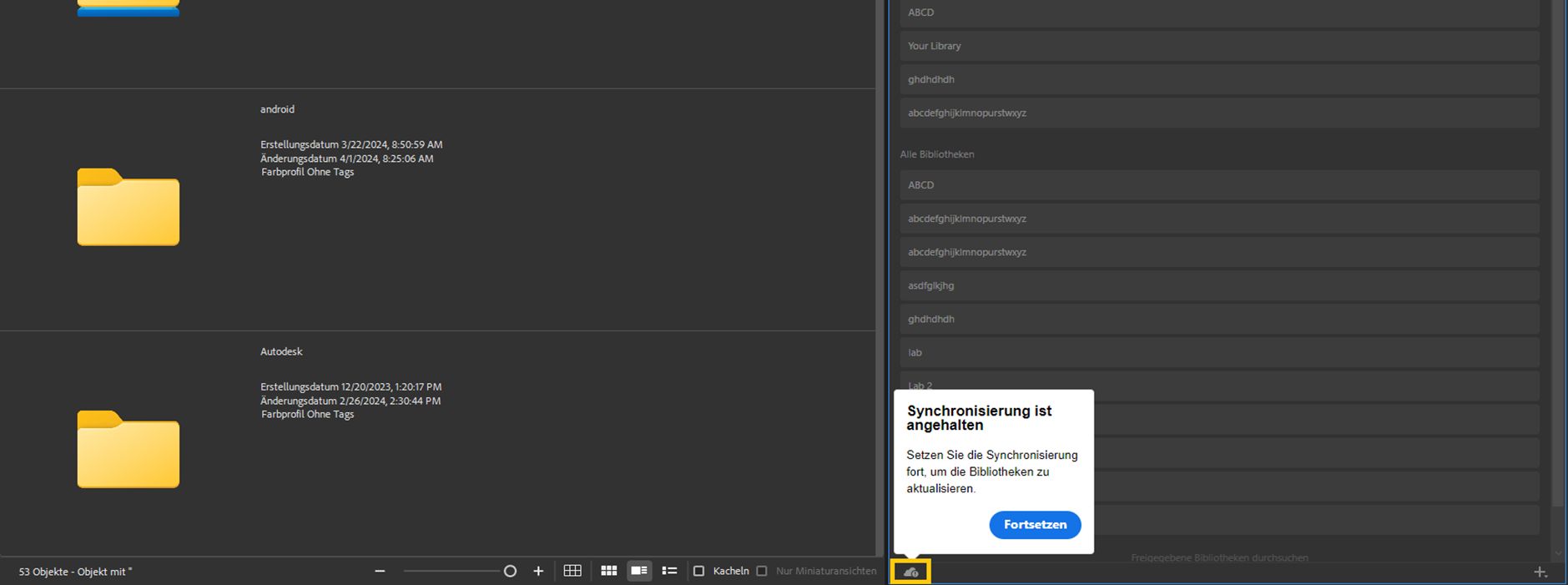 Die Bibliothekssynchronisierung in Adobe Bridge wurde angehalten.