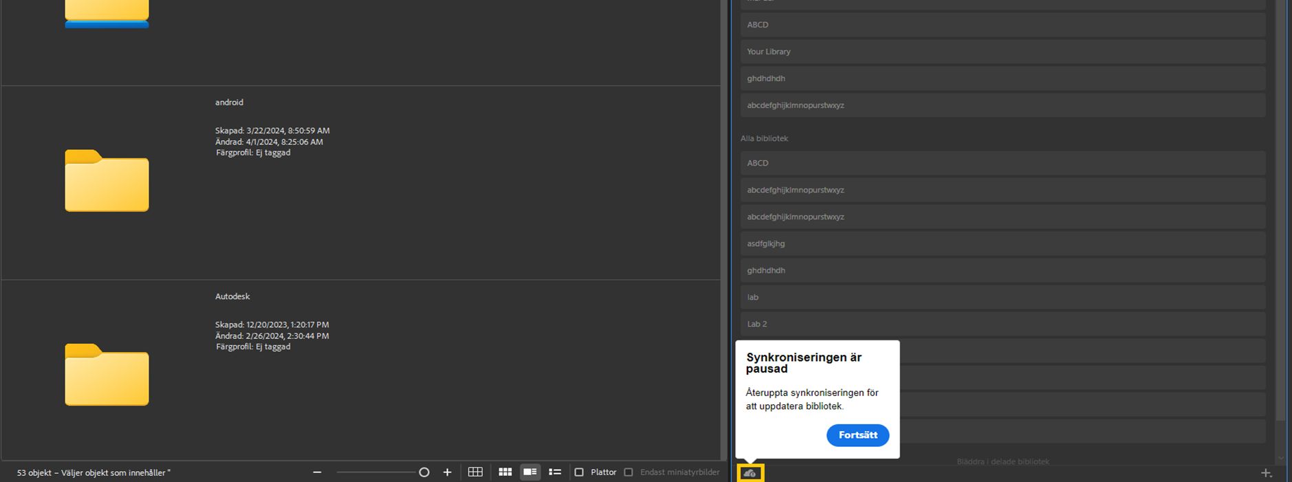 Bibliotekssynkroniseringen har pausats i Adobe Bridge.
