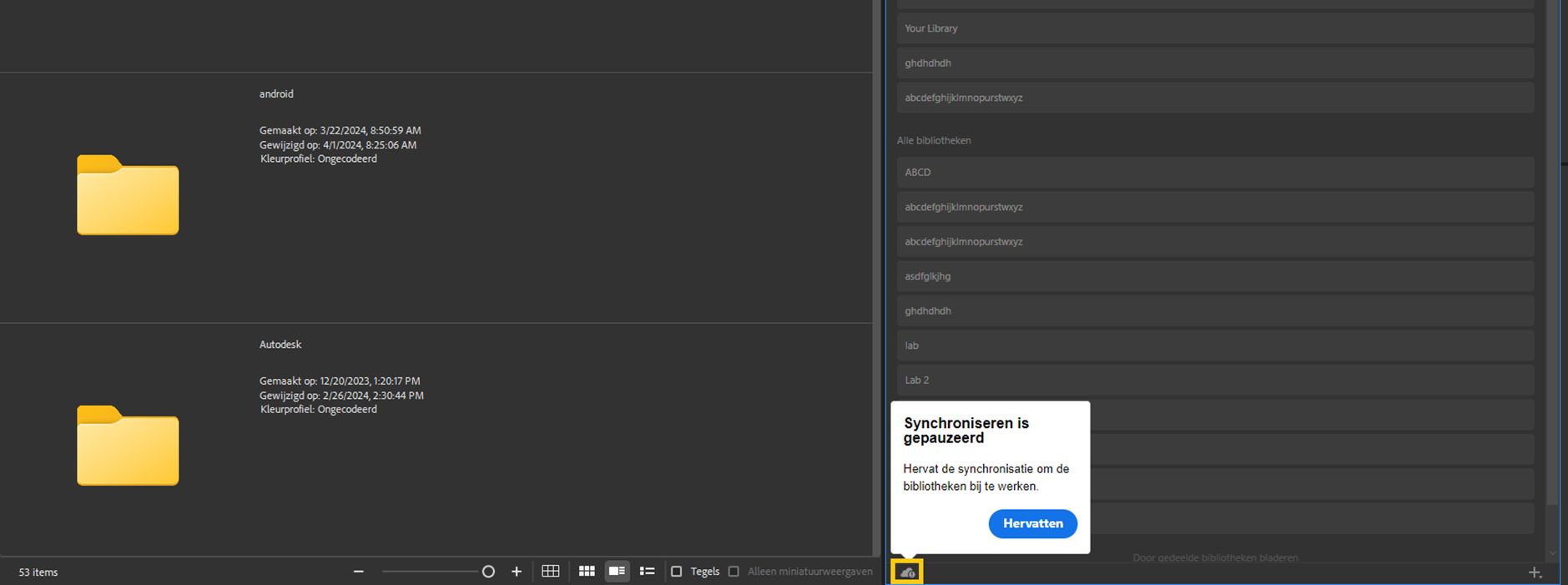 Bibliotheeksynchronisatie onderbroken in Adobe Bridge.