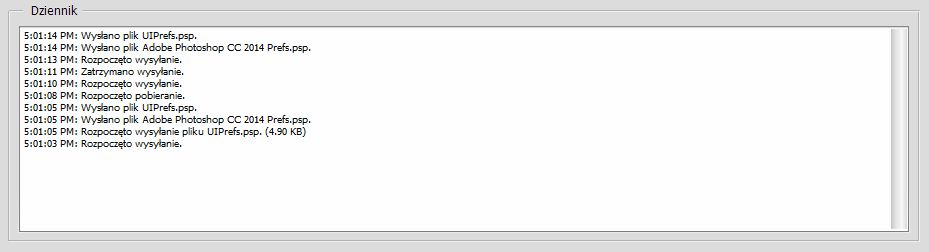 Dziennik synchronizacji ustawień w programie Photoshop