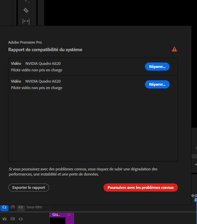 La boîte de dialogue Rapport de compatibilité système est présentée et affiche des problèmes tels que des pilotes GPU obsolètes ou manquants, avec des options pour corriger les problèmes, continuer avec les problèmes connus ou exporter le rapport.