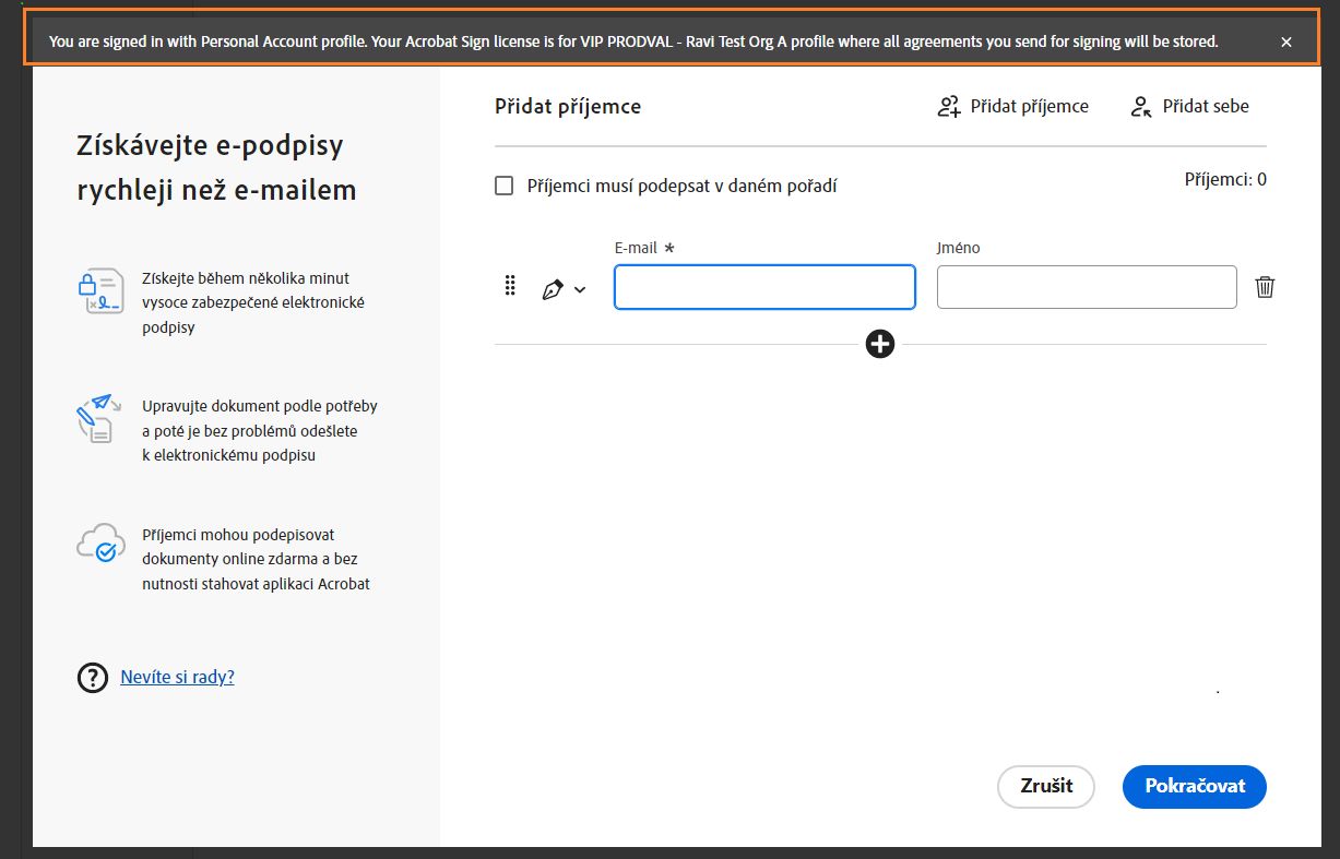 Aplikace Acrobat zobrazí zprávu s informací, že je k odeslání dokumentu k podpisu použito ID organizace