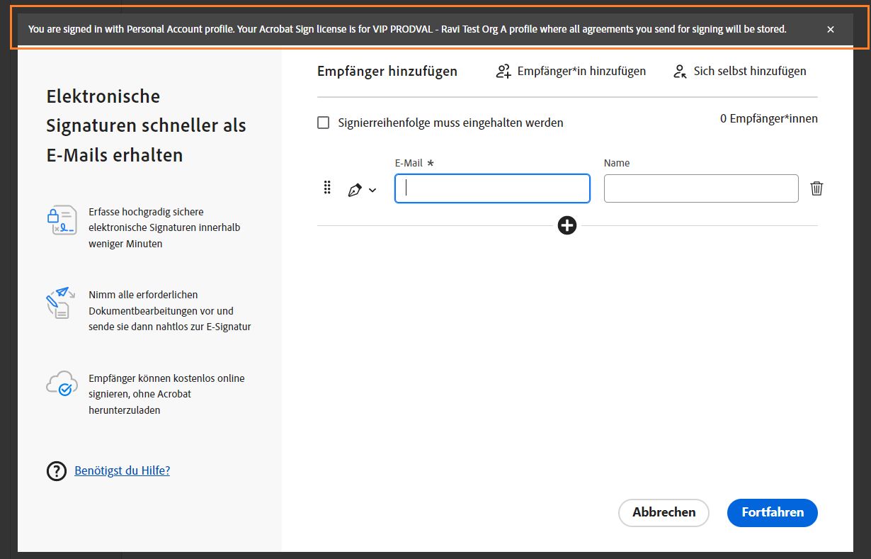 Acrobat zeigt eine Meldung an, in der mitgeteilt wird, dass die Organisations-ID verwendet wird, um ein Dokument zum Signieren zu senden