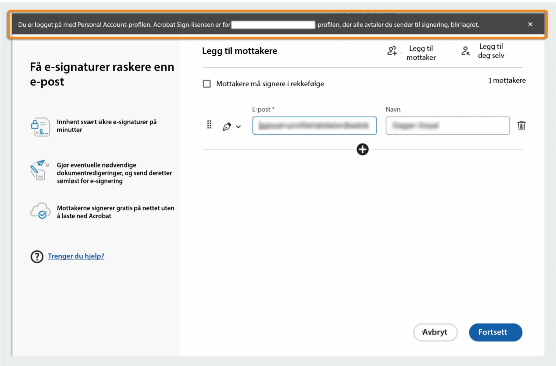 Acrobat viser en melding som informerer om at organisasjons-ID-en brukes til å sende dokumentet til signering