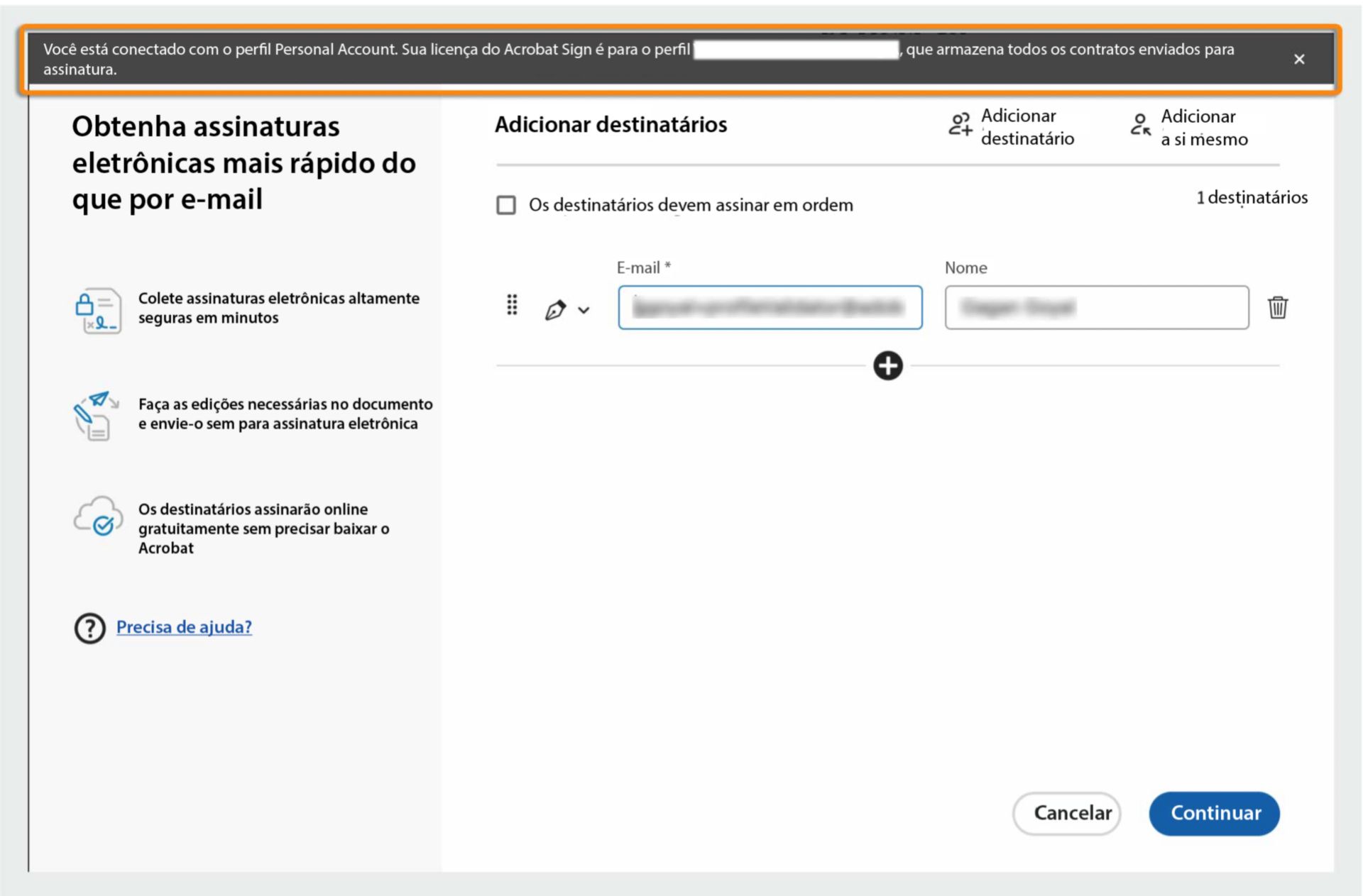 O Acrobat exibe uma mensagem informando que a ID da organização é usada para enviar o documento para assinatura