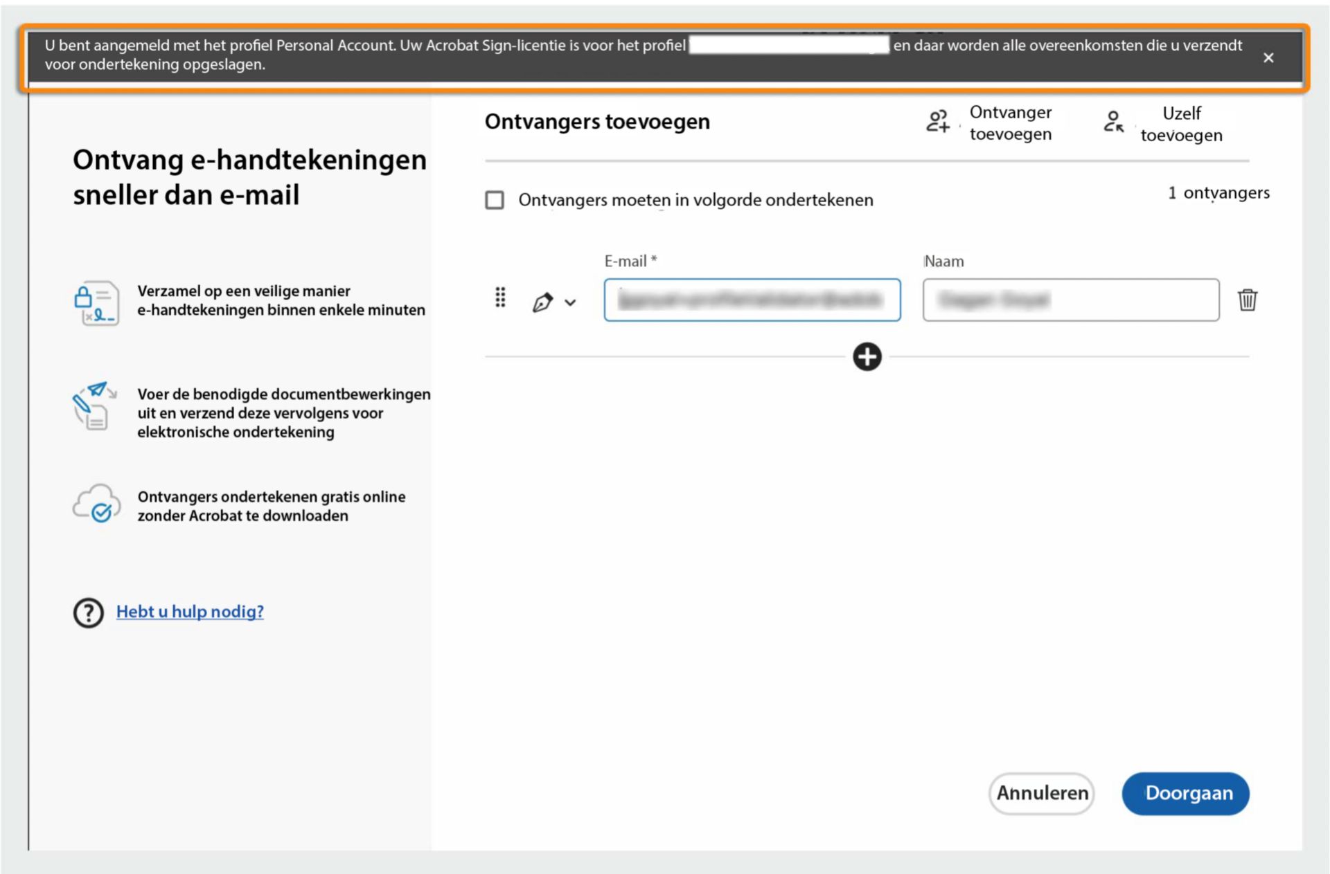 Acrobat geeft een bericht weer waarin wordt aangegeven dat de organisatie-ID wordt gebruikt om het document ter ondertekening te verzenden