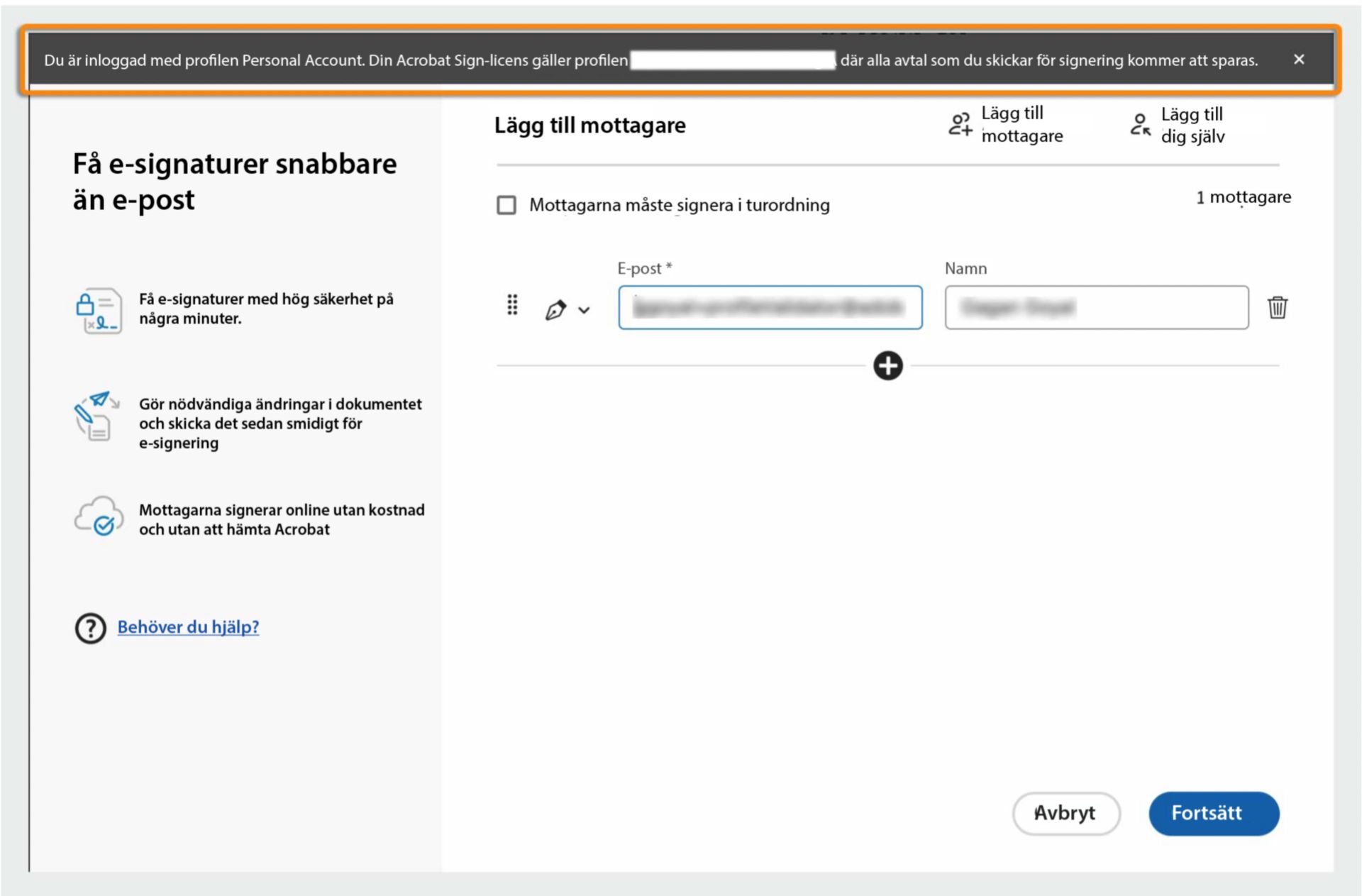 I Acrobat visas ett meddelande som informerar om att organisationens ID används för att skicka dokument för signering