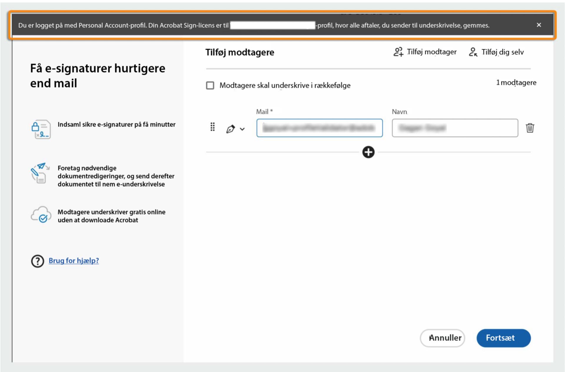 Acrobat viser en meddelelse om, at organisations-id'et bruges til at sende dokumentet til underskrivelse