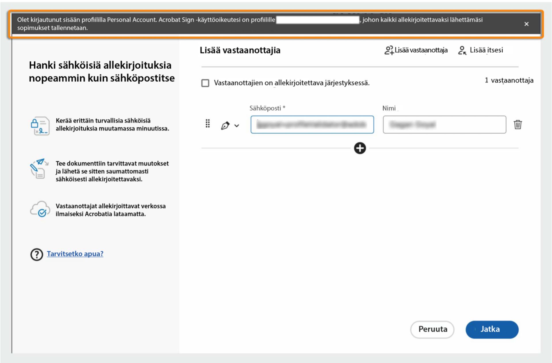 Acrobat näyttää viestin, jossa ilmoitetaan, että organisaatiotunnusta käytetään asiakirjan allekirjoitettavaksi lähettämiseen