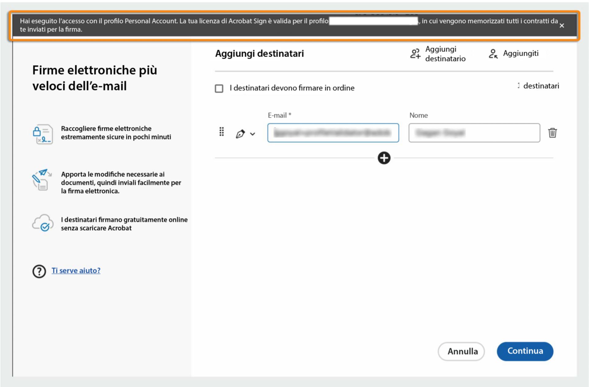 Acrobat visualizza un messaggio che informa che per inviare il documento da firmare viene utilizzato l’ID organizzazione