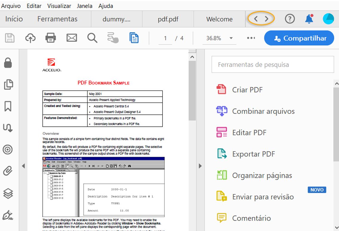 Exibição do documento com guias para a visualização de vários PDFs