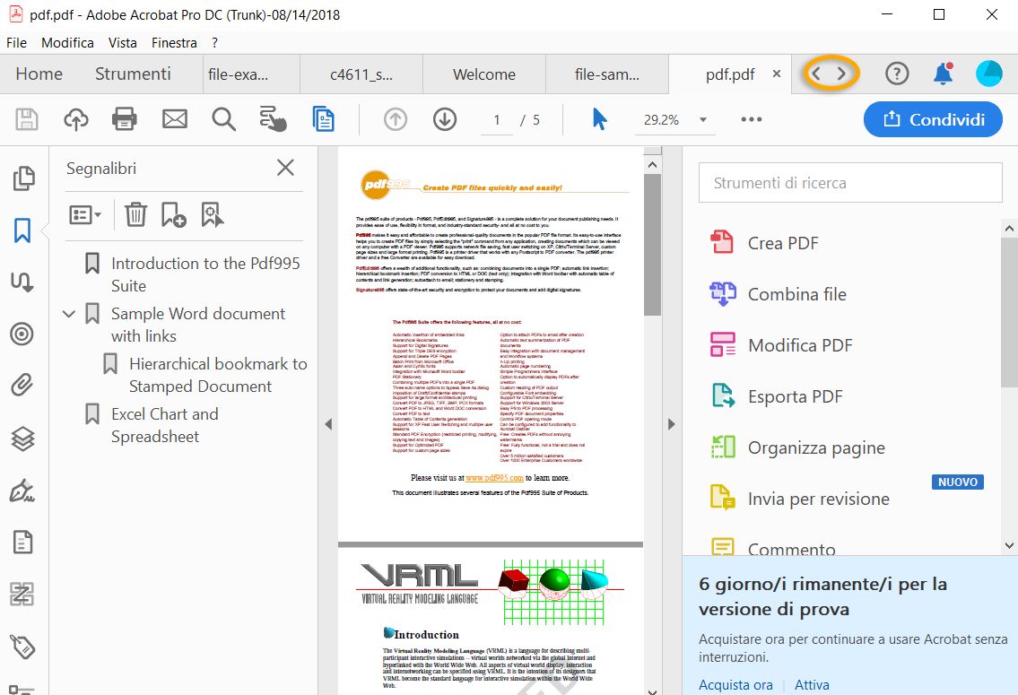 Vista documento a schede per visualizzare più file PDF
