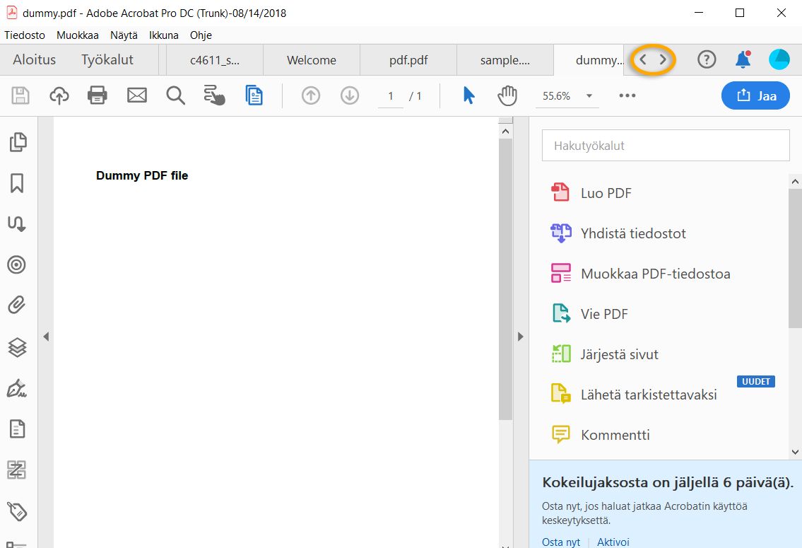 Välilehdellinen dokumenttinäkymä usean PDF-tiedoston tarkastelemiseen