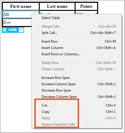 Bearbeitungsoptionen für Tabellenzellen in der Live-Ansicht