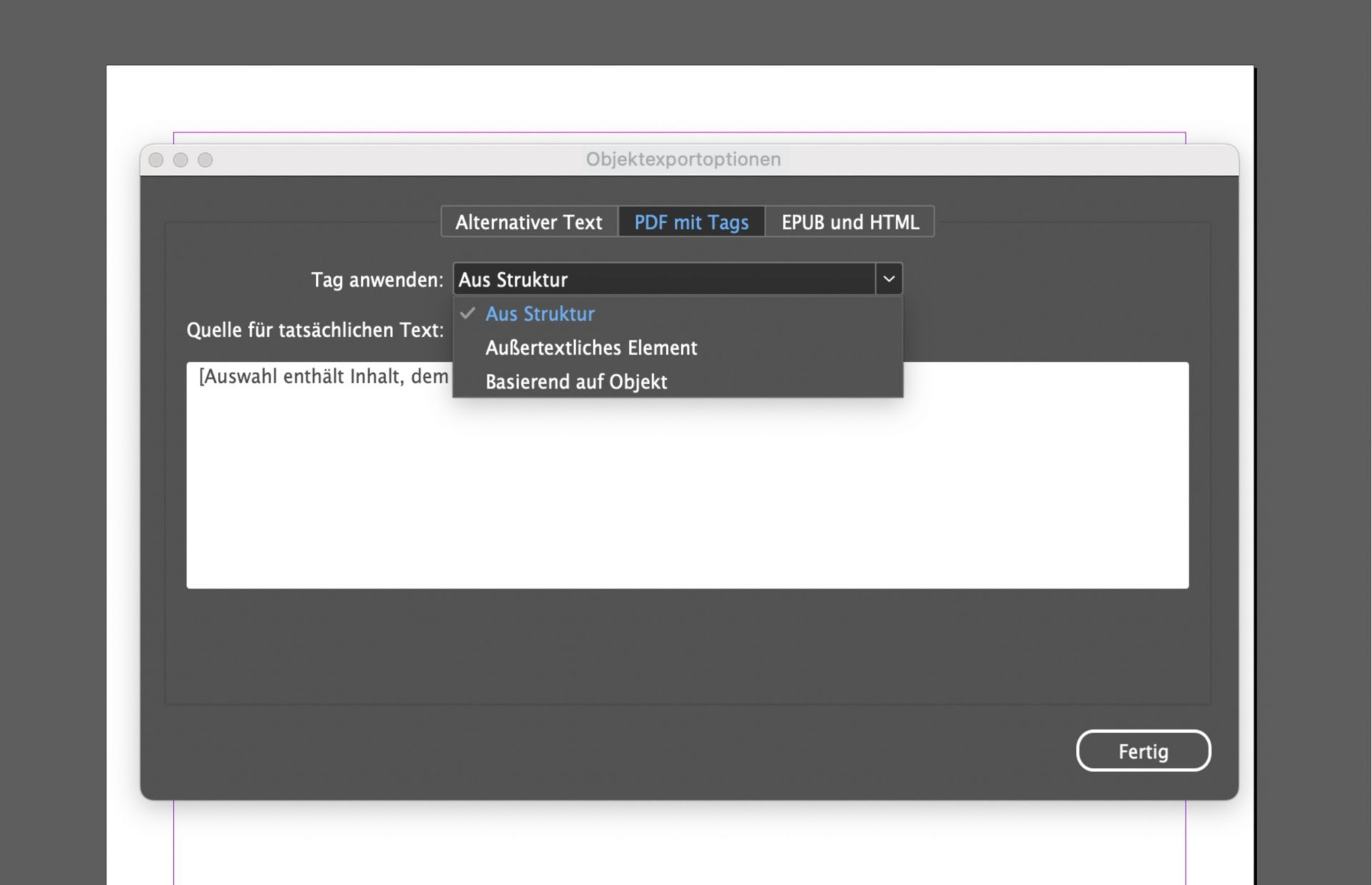 Screenshot des Adobe InDesign-Fensters „Objektexportoptionen“ mit aktiver Registerkarte „PDF mit Tags“ und erweitertem Dropdown-Menü „Tag anwenden“, wobei die folgenden Optionen angezeigt werden: „Aus Struktur“, „Artefakt“ und „Basierend auf Objekt“.