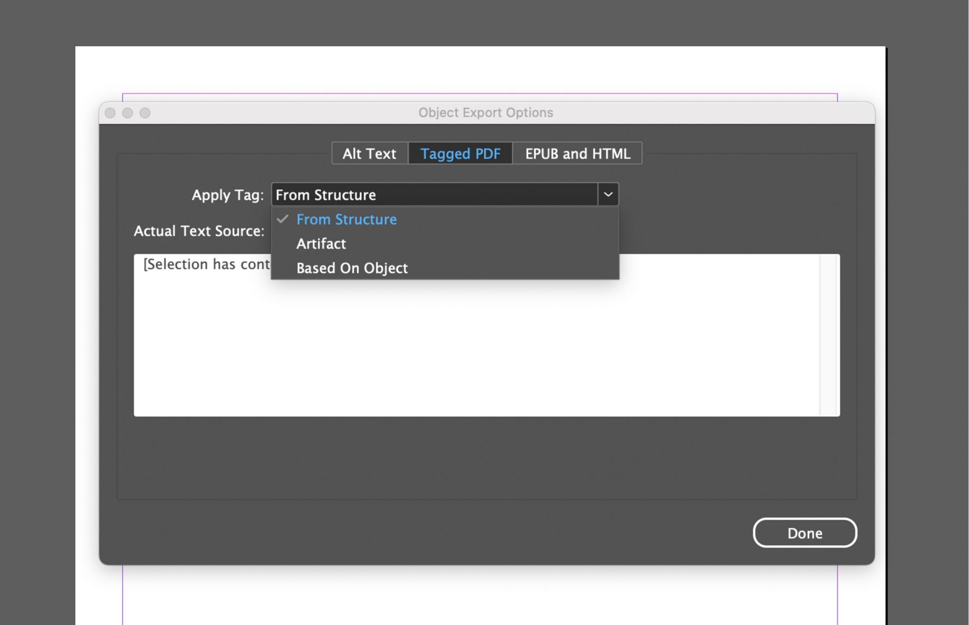 Screenshot of Adobe InDesign’s Object Export Options window with the Tagged PDF tab active and the "Apply Tag" dropdown menu expanded, displaying options: From Structure, Artifact, and Based On Object.