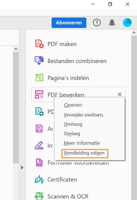 De rondleiding volgen door met de rechtermuisknop op de tool te klikken
