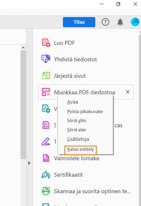 Käynnistä perehdytysesittely napsauttamalla hiiren kakkospainiketta