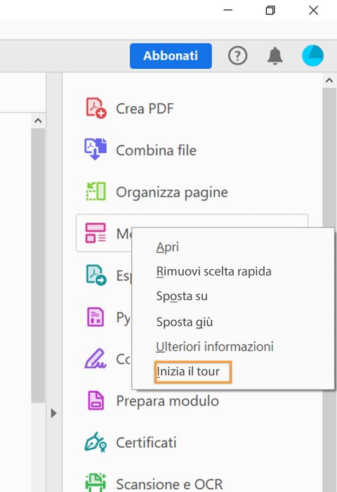 Seguire il tour guidato introduttivo mediante clic con il pulsante destro sullo strumento