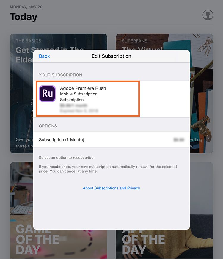 Acceder a los detalles de la suscripción a Premiere Rush