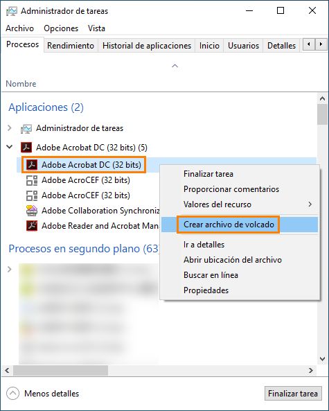 Crear volcado de proceso