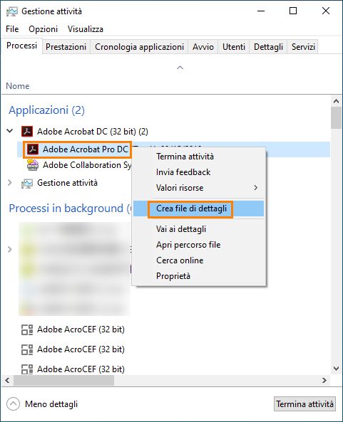 Crea dump del processo
