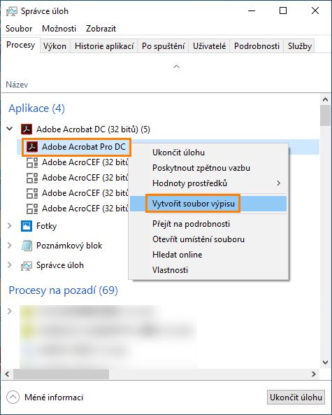 Vytvoření výpisu procesů