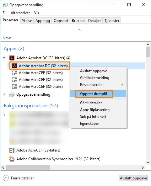 Opprette en prosessdump