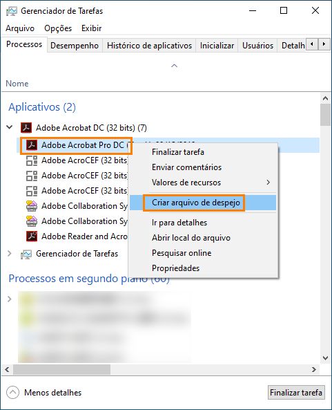 Criar despejo de processo