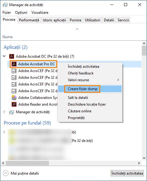 Crearea unui dump de proces